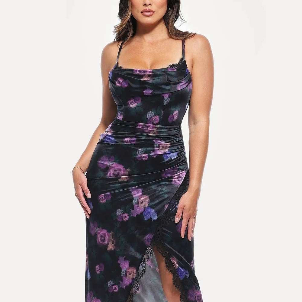 Floral Midi Dress in Black and Purple